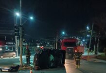 Carro capota no viaduto de Várzea Paulista